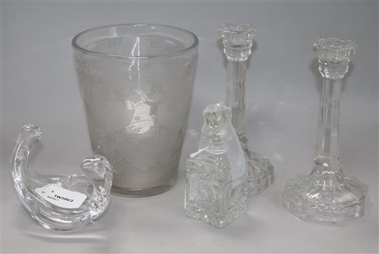 A 19th century Continental engraved glass beaker, a Sevres glass dish and sundry glassware